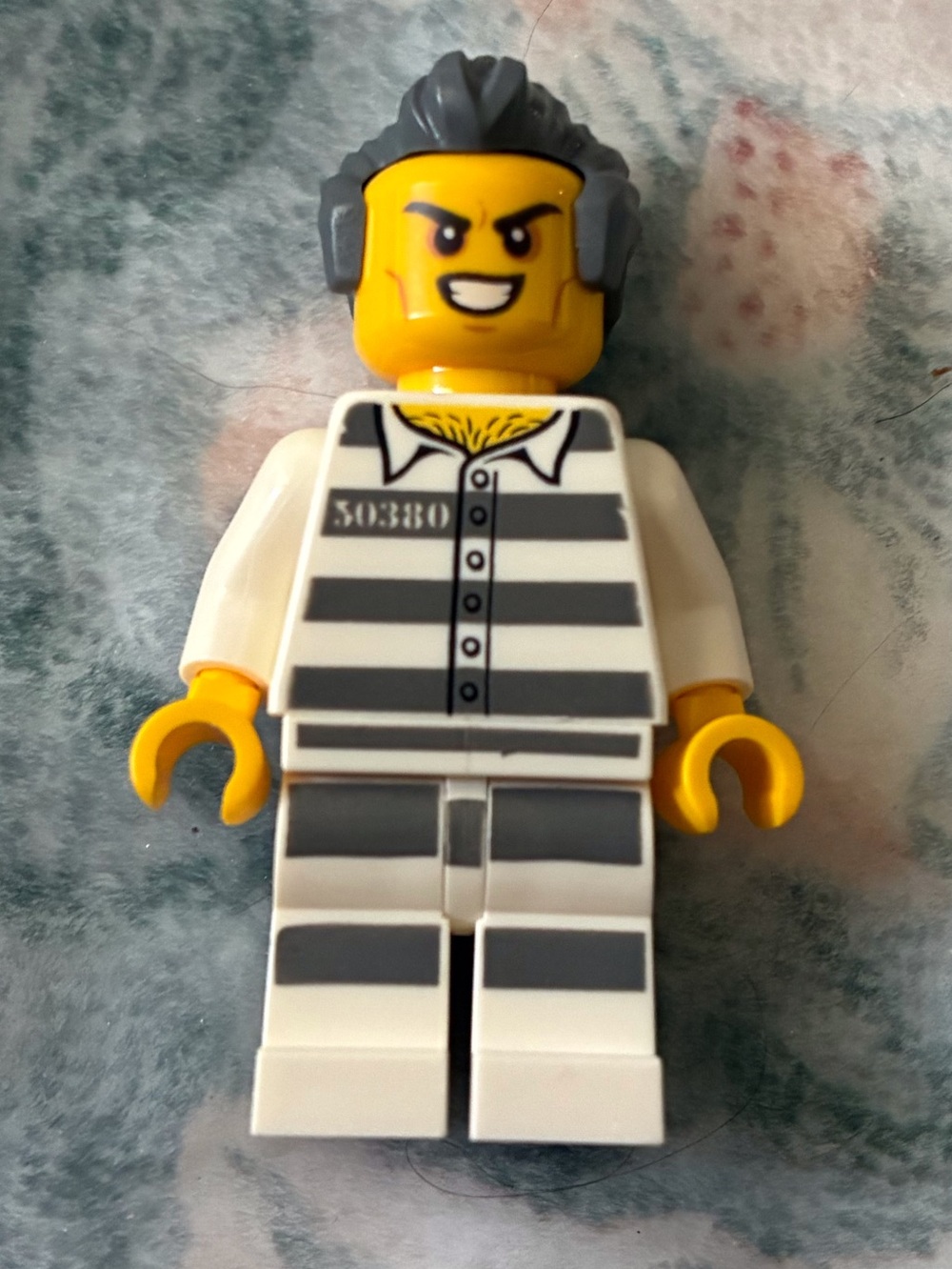Classic Prisoner Minifigure in White and Gray - Building Toy